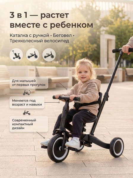 Детский беговел-велосипед 4в1 с родительской ручкой, черный - TR007-BLACK Детский беговел-велосипед 4в1 с родительской ручкой, черный - TR007-BLACK