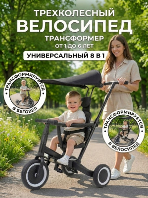 Детский беговел-велосипед 8в1 с крышей и ручкой, черный - TR008C-BLACK