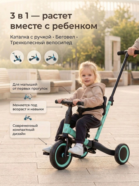 Детский беговел-велосипед 4в1 с родительской ручкой, зеленый с рисунком - TR007-CYAN-PAINT Детский беговел-велосипед 4в1 с родительской ручкой, зеленый с рисунком - TR007-CYAN-PAINT